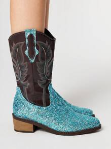 ROMWE Fairycore 2025年新款时尚刺绣亮片拼接女士圆头中筒靴V型开口长筒马靴粗跟修身百搭PU高筒靴女