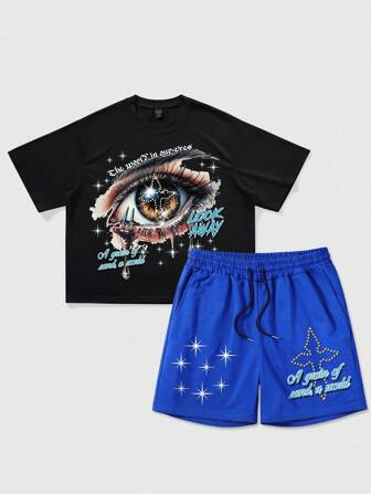 Grunge Punk Men's Eye Printed T-Shirt & Drawstring Shorts Set