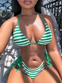 Alexandranx Women's Summer Beach Striped Halter Tie Sexy Bikini Swimsuit Set - Green - View 3