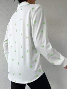 EURMUSE Chemise décontractée ample à manches longues et à simple boutonnage avec imprimé cœur pour femmes - Vert olive - Voir 2