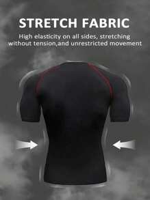 GymBeat Camiseta deportiva de manga corta con bloqueo de color, elástica, para hombre. Camiseta de compresión transpirable y ajustada para entrenamiento, gimnasio, cuello redondo - Negro - Ver 2