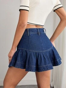 Elenzga 夏季休闲荷叶边牛仔短裤 - 深色水洗藍 - 查看 2