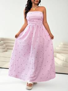 Solflare Plus Size Women Strapless Bowknot Striped Ruched Dress, Pink,Summer Outfits For Women - Pink - View 5