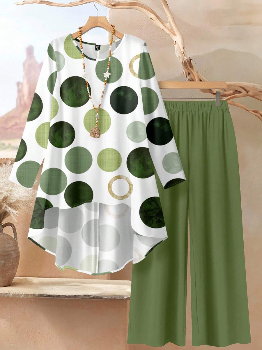 SHEIN RusticEase Bộ 2 áo thun dài tay cổ tròn rộng rãi và quần dài cho nữ, trang phục mùa hè, họa tiết hình tròn - Nhiều màu - Xem 1