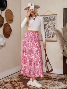 LanaWest Women's Boho Printed Drawstring Waist Long Skirt For Vacation And Daily Casual Wear, Spring/Summer