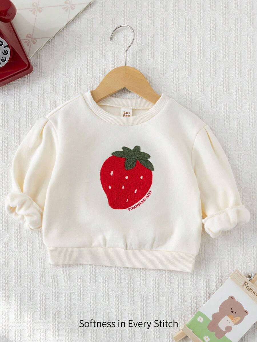 Cozy Pixies Baby Girl Strawberry Pattern Knitted Soft Round Neck Drop Shoulder Pullover Sweatshirt,In Fall/Winter - Multicolor - View 1