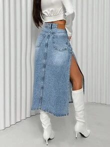 EURMUSE Mid Waist Slit Detailed Elegant Denim Skirt - Medium Wash - View 3