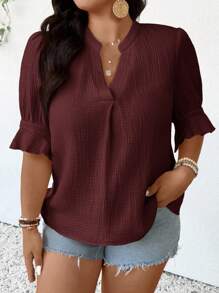 SHEIN Frenchy Plus Size Casual Solid Color Notched Neck Shirt