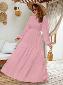 SHEIN Cottnline LANTERN LONG SLEEVE LAYERED LONG DRESS - Berwarna merah muda - View 3