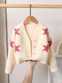 Young Girl Star Pattern Drop Shoulder Long Sleeve Single-Breasted Knit Cardigan - Beige - View 4