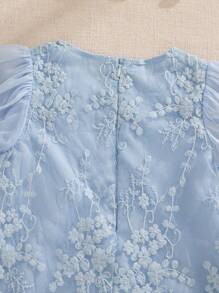 Souflis Souflis Baby Girls' Princess Style Beige Embroidered Mesh Puff Sleeve Dress, Suitable For Birthday Party, Evening Party, Daily Wear, Spring/Summer - Blue - View 7