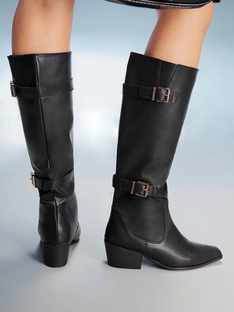 CUCCOO GRLICON Women's Outdoor Square Toe Chunky Heel Black PU Fabric Silver Button Decor Fashion Comfortable Daily & Party Slip-On Boots, Suitable For Music Festivals, Halloween, Christmas, Parties, Y2K Style