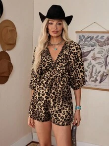 LanaWest V-Neck Romper Pants, Casual Daily Wear - Brown - View 2