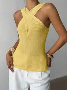 Elenzga 交叉领简约小众设计休闲针织上衣 - 黃色 - 查看 5