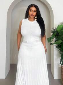 Veslaya 2025秋冬新款大码女装/秋季女装/返校季/校园装/Y2K/街头风/约会/工作/办公室/机场女装/派对/通勤/优雅/鸡尾酒会/朋克/颓废/情人节/通勤组合白色羊毛衫圆领无袖珍珠扣长裙 - 白色 - 查看 6