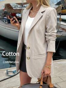 SHEIN LUNE Casual Women's Cotton Linen Striped Blazer, Cotton Back To School Teacher Fall Business Casual Fall Office Winter Lounge Work Teacher Old Money Style Old Money Travel Airport Office Winter Fall