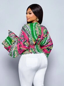 SOLERSUN Plus Size Women's Casual V-Neck Loose Floral Print Long Sleeve Blouse, Versatile Top For Commuting, Dating, Office, Vacation - Green - View 2