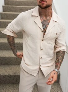 Manfinity Homme Camisa de lino de unicolor casual para hombre con hebilla frontal, de manga larga y cuello, para salir, camisa abotonada beige, camisa cubana de lino para hombres, camisa de verano para hombres - Albaricoque - Ver 7