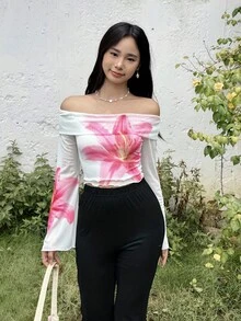 SHEIN 少女优雅花卉印花吊带裙，网眼露肩喇叭形长袖短款上衣，搭配纯黑色喇叭裤，两件套，休闲优雅日常穿着，适合秋冬季 - 白色 - 查看 5