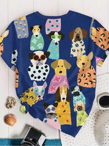 EMERY ROSE Plus Size Women's Cute Colorful Cartoon Dog Print Graphic Tees, Casual Summer - Multicolor - View 2