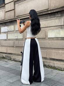 Coolane Quần nỉ ống rộng màu đen phối ren nơ tương phản phong cách đường phố cổ điển Y2K cho lễ hội Rave mùa thu dành cho nữ - Đen và trắng - Xem 4