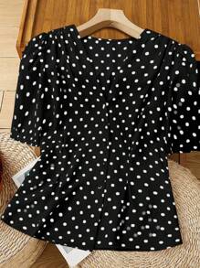 SHEIN Clasi Áo cánh tay ngắn chấm bi cổ chữ V dành cho nữ, thiết kế eo xếp ly, trang trí nút nghiêng, ôm vừa vặn, phong cách Hàn Quốc, mùa hè - màu đen - Xem 6