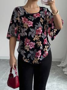 Elenzga 女式花卉印花宽松休闲短袖衬衫 - 彩色 - 查看 5