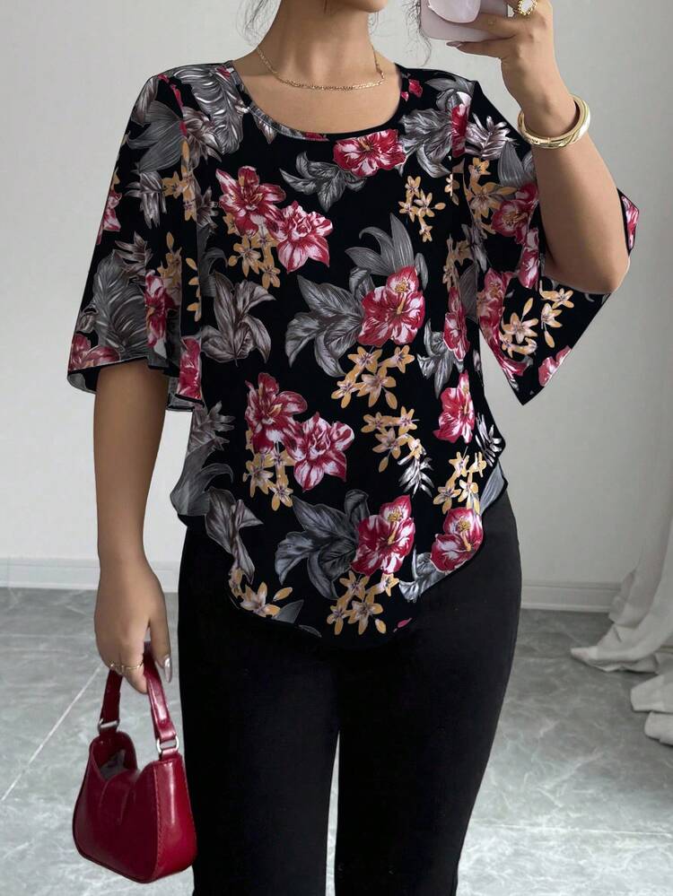 Elenzga 女式花卉印花宽松休闲短袖衬衫 - 彩色 - 查看 5