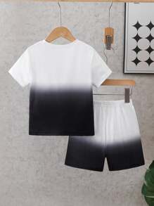 Young Boy Round Neck Regular Shoulder Short Sleeve Ombre T-Shirt And Shorts Set, Casual Summer Outfit - Black - View 2