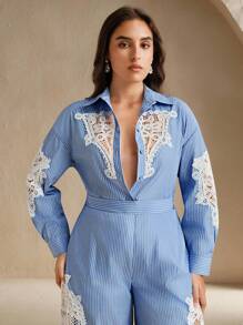 Anewsta New Arrival Hollow Pearl Plus Size 2 Pieces Set, Commuter Style - Baby Blue - View 6