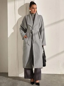 CLARA VERO Women's Solid Color, Belted, Long Overcoat - Grey - View 5