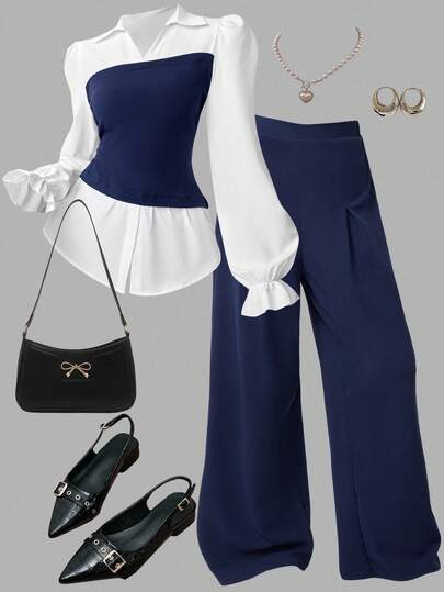 SHEIN Girlism Teen Girls 2pcs/Set Teen Girl Knitted Color Contrast Collared 2 In 1 Long Sleeve Shirt And Pants, Casual, Urban Casual Patchwork Color-Block 2 In 1 Shirt And Wide-Leg Pants Set Women Outfit Set Pants And Top Set Two Pieces Outfit Set Set Outfit For Women Full Outfit Set Outfit Set For Women Women Pants Set/Activities/Autumn/Winter/Halloween,Glowmode,Fall,Christmas/Holiday/Festival/Winter