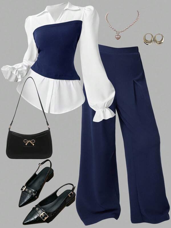 SHEIN Girlism Teen Girls 2pcs/Set Teen Girl Knitted Color Contrast Collared 2 In 1 Long Sleeve Shirt And Pants, Casual, Urban Casual Patchwork Color-Block 2 In 1 Shirt And Wide-Leg Pants Set Women Outfit Set Pants And Top Set Two Pieces Outfit Set Set Outfit For Women Full Outfit Set Outfit Set For Women Women Pants Set/Activities/Autumn/Winter/Halloween,Glowmode,Fall,Christmas/Holiday/Festival/Winter