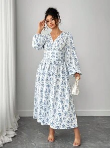 Elenzga Plus Size Women's Elegant Lantern Sleeve Split Thigh Ditsy Floral Crossed V-Neck Maxi Dress Fall Cloth For Women - Blue and White - View 6