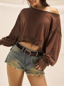 Easelle 女牛仔复古西部女式休闲宽松落肩纯色运动衫秋冬女装不对称下摆剪裁复古水洗 - 咖啡棕 - 查看 12