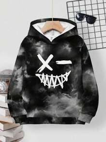 SHEIN Tween Boy Casual Minimalist Style Graffiti Handpainted Cartoon Face English Letter Sports Street Style Tie-Dye Y2K Loose Comfortable Long Sleeve Hoodie, Suitable For Autumn/Winter