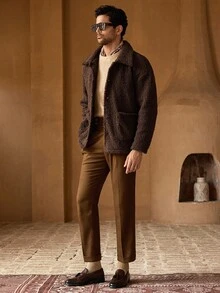 HIMLAND 男士休闲蓬松翻领宽松落肩长袖抓绒外套，棕色泰迪熊外套，男士羊羔绒外套，秋季时尚大地色系，冬季