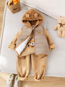 3件套男童卡其色加厚保暖休闲舒适百搭可爱小熊印花圆领套头卫衣+休闲加厚长裤+无袖连帽背心外套套装，秋冬季 - 卡其色 - 查看 5