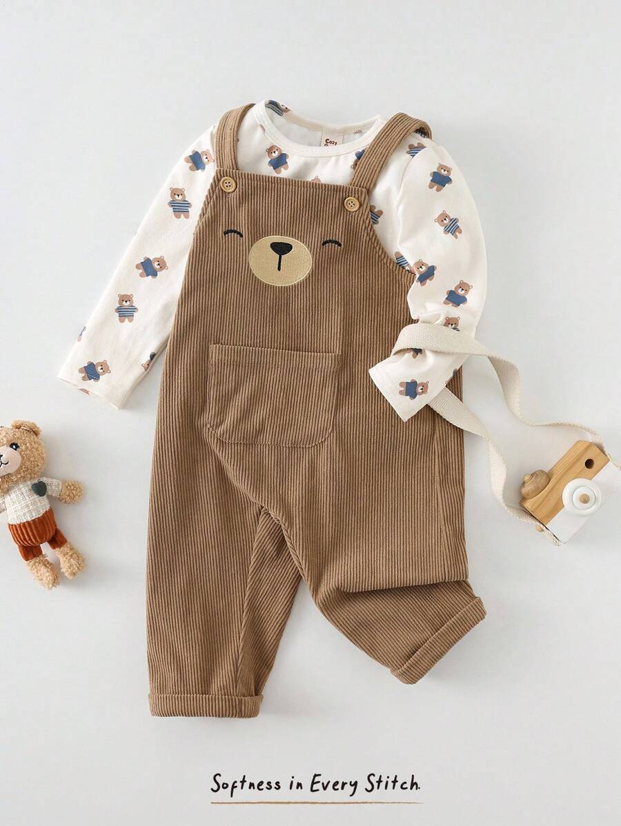 Cozy Pixies 2 件套男婴卡通动物图案针织柔软圆领长袖套头衫和围兜裤套装 - 彩色 - 查看 1