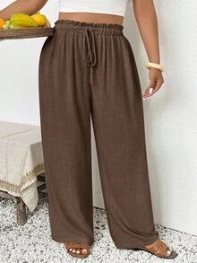 SHEIN Frenchy 大码女士休闲时尚裤，适合度假 - 咖啡棕 - 查看 6