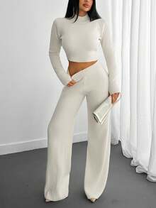 EURMUSE Cozy Ribbed Knit Co-Ords Ribbed Two Piece Set For Women – Long Sleeve Pullover And Relaxed Wide-Leg Pants Knit Two Piece Set Cream Two Piece Set Two Piece Pants Set Ribbed Knit Set,Winter Clothes - Apricot - View 4