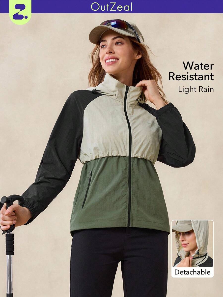 OutZeal Women Outdoor Jacket Camping Hiking Water-Resistant Lightweight Color-Blocked Hooded Outdoor Top Spring Fall - Multicolor - View 1