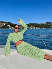 EURMUSE Women's Solid Color Long Sleeve Cropped Top And Hollow Out Jacquard Knit Mini Skirt 2 Pieces Set - Lime Green - View 6
