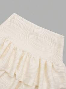 2 件套青少年女孩海滩度假休闲甜美修身抹胸和高腰荷叶边下摆迷你裙，针织纹理面料 - 杏色 - 查看 6