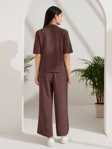 Lacomfia Lapel Neck Button Front Blouse & Wide Leg Pants 2 Pieces Set - Red Violet - View 2