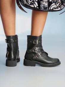 CUCCOO GRLICON Giày bốt cổ ngắn nữ, kiểu Y2K, phong cách Punk, phong cách Biker, phong cách cá tính, phù hợp cho Halloween, Giáng sinh, tiệc tùng. - màu đen - Xem 1