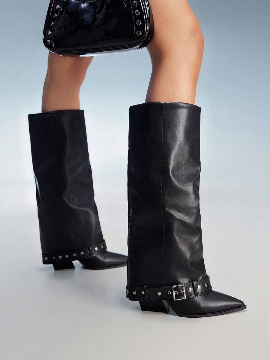 CUCCOO GRLICON 女式黑色拼布牛仔靴，尖头休闲靴 - 黑色 - 查看 1