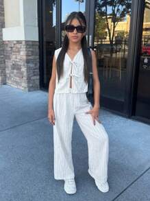 Bộ đồ hai mảnh Nova Glow Tween Girls Loose Casual Striped Vest And Wide Leg Pants - trắng - Xem 5