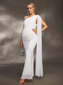 SHEIN 孕妇拍照连衣裙/优雅派对连衣裙/迎婴派对连衣裙，单肩飘逸腰部褶饰下摆侧开衩美人鱼长裙 - 白色 - 查看 4