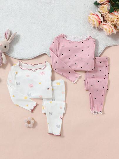 SHEIN 4 件套女婴柔软舒适猫咪图案荷叶边领长袖睡衣套装